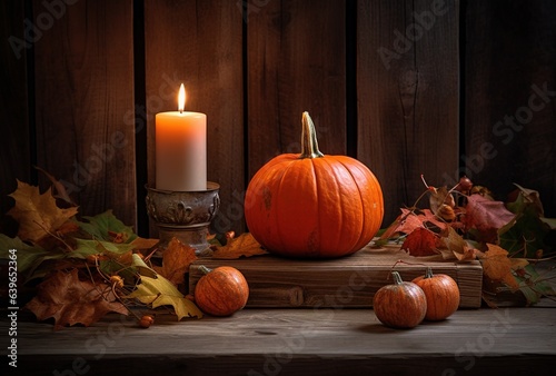 pumpkin and candle on wooden background