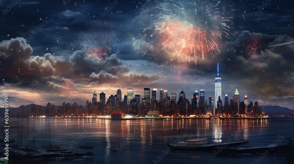 Fireworks on the city of skyline night view beautiful photography