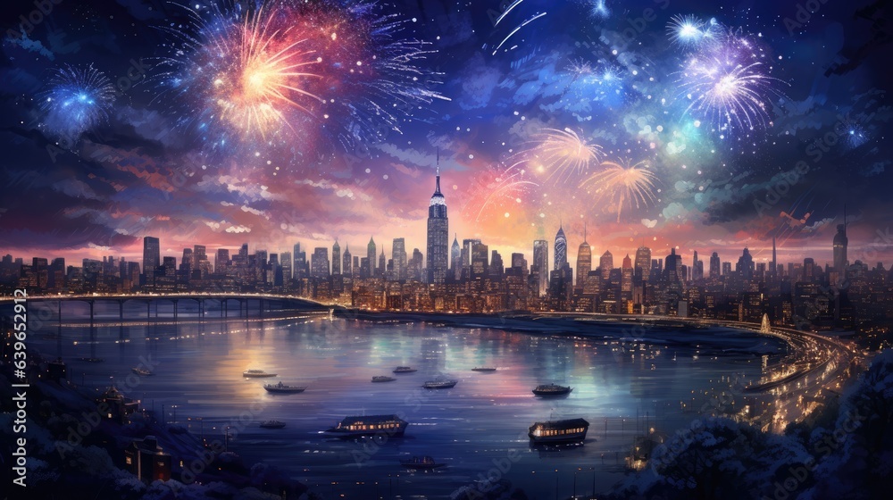 Fireworks on the city of skyline night view beautiful photography
