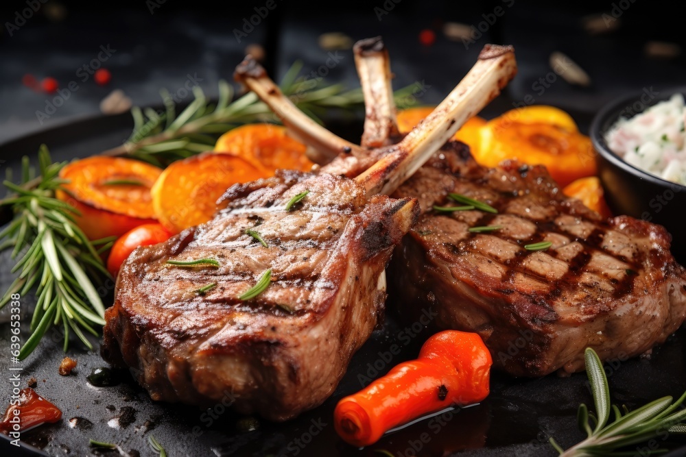 grilled lamb chops with carrot slices and delicious powder 