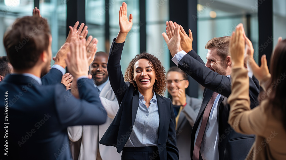 Motivated multinational team raise high fives after finding problem solution as successful brainstorm result.