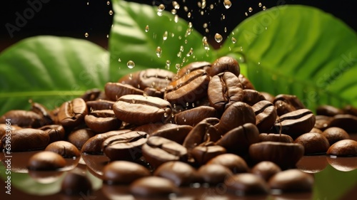 coffee beans with green leaves on water splash 