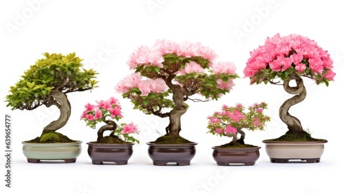set of bonsai flower plant isolated white background