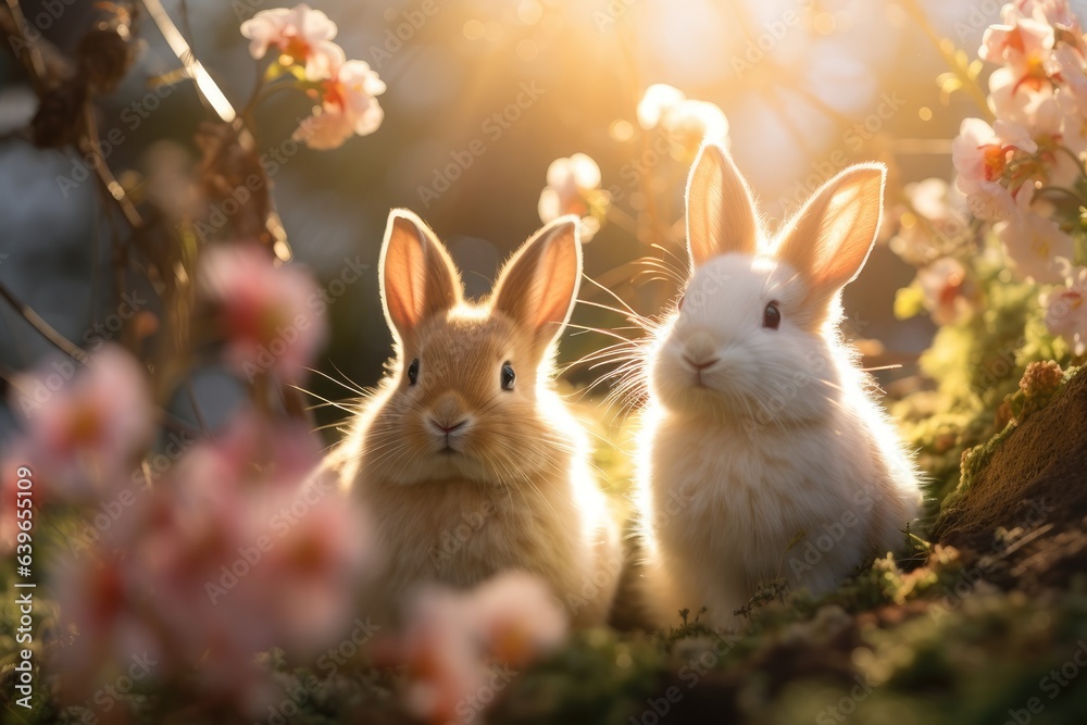 two rabbits in garden beside flowers, sun set light best photo two rabbits in garden beside flowers, sun set light best photo