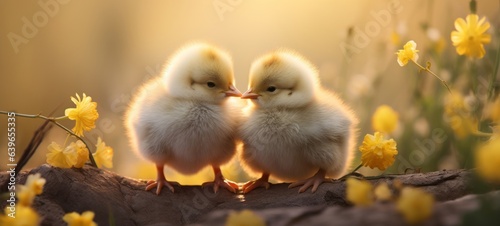 Photo Happy Easter holiday greeting card background - Closeup of two sweet chicks with