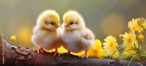 Happy Easter holiday greeting card background - Closeup of two sweet chicks with brightly painted easter eggs on meadow with blooming daffodils © Corri Seizinger