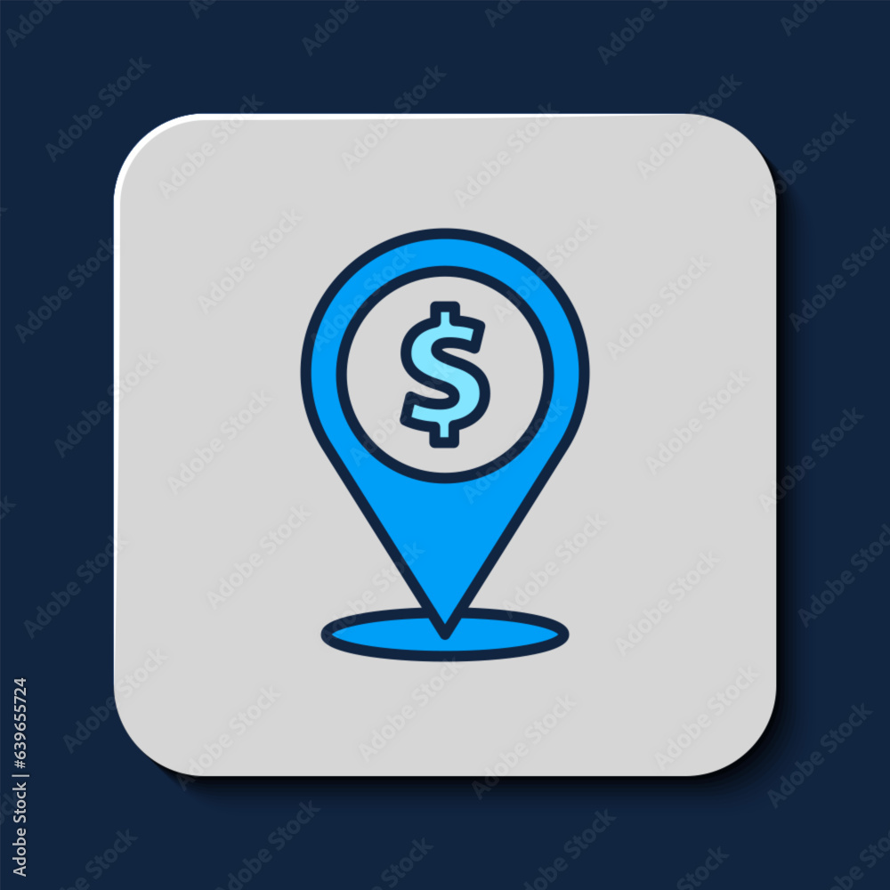 Filled outline Cash location pin icon isolated on blue background. Pointer and dollar symbol. Money location. Business and investment concept. Vector