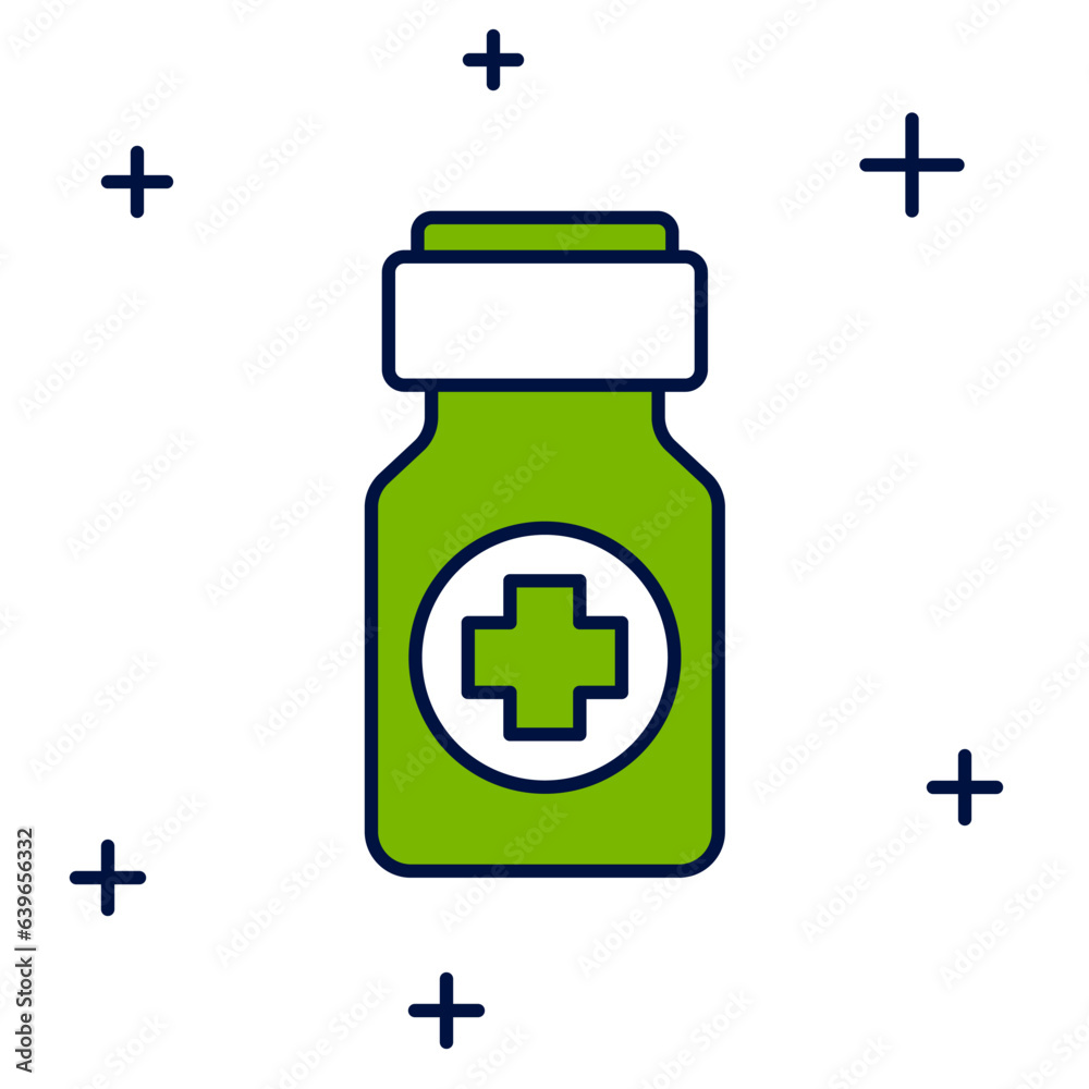 Fototapeta premium Filled outline Medicine bottle and pills icon isolated on white background. Bottle pill sign. Pharmacy design. Vector