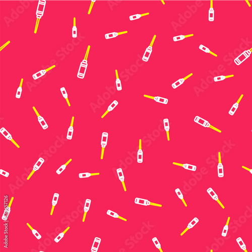 Line Awl tool with wooden handle icon isolated seamless pattern on red background. Work equipment tailor industry. Vector