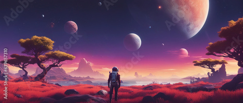 Astronaut looks at the new world. Retro futuristic illustration in 80s style. Unexplored new world. Fantastic landscape. Breathtaking panorama of an alien planet. Exploration of the unknown.