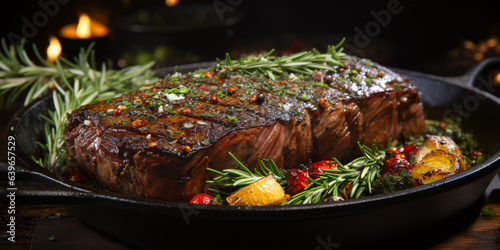 Mouthwatering Beef steak on cast iron pan skillet