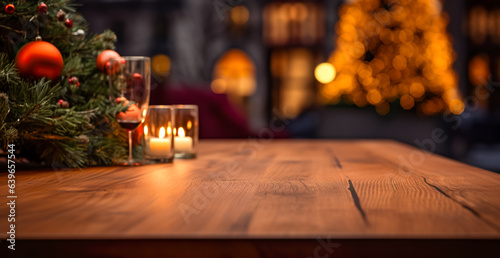 Empty wood table top with blur Christmas tree with bokeh light background, digital ai