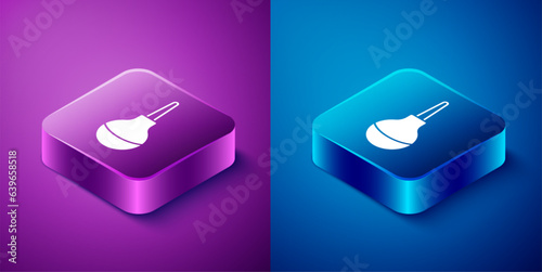 Isometric Enema icon isolated on blue and purple background. Enema with a plastic tip. Medical pear. Square button. Vector