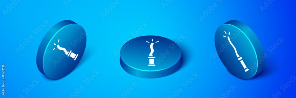Isometric Magic wand icon isolated on blue background. Star shape magic accessory. Magical power. Happy Halloween party. Blue circle button. Vector Isometric Magic wand icon isolated on blue background. Star shape magic accessory. Magical power. Happy Halloween party. Blue circle button. Vector