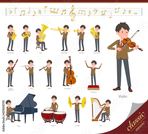 クラシック音楽演奏に関するブレザー男子学生のセット