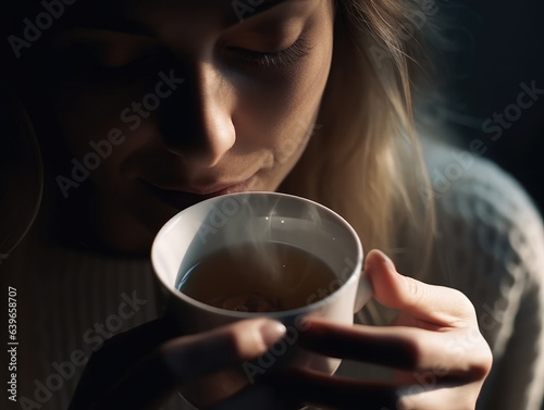 High angle closeup of the mouth of a woman drinking an hot infusion from a white cup.