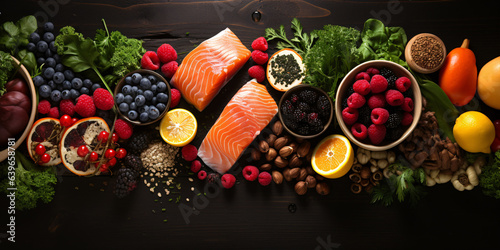 A well-rounded diet: salmon, veggies, fruits, and more. Dark table backdrop, room for text.
