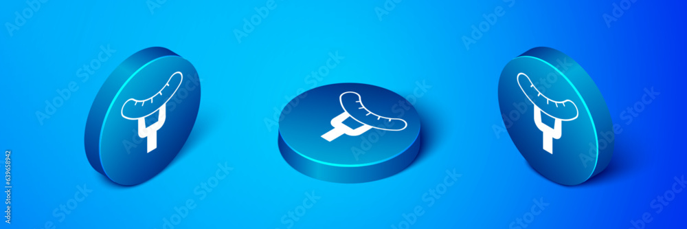 Isometric Sausage on the fork icon isolated on blue background. Grilled sausage and aroma sign. Blue circle button. Vector Isometric Sausage on the fork icon isolated on blue background. Grilled sausage and aroma sign. Blue circle button. Vector