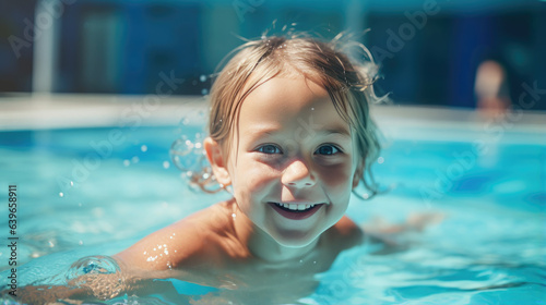 Generative AI  child  boy or girl swimming in the pool  swimming training  sports lifestyle  kids sports activities  childhood  water sports  emotions  kids swim