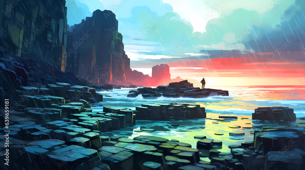 Illustration of beautiful view of Giants Causeway, Ireland
