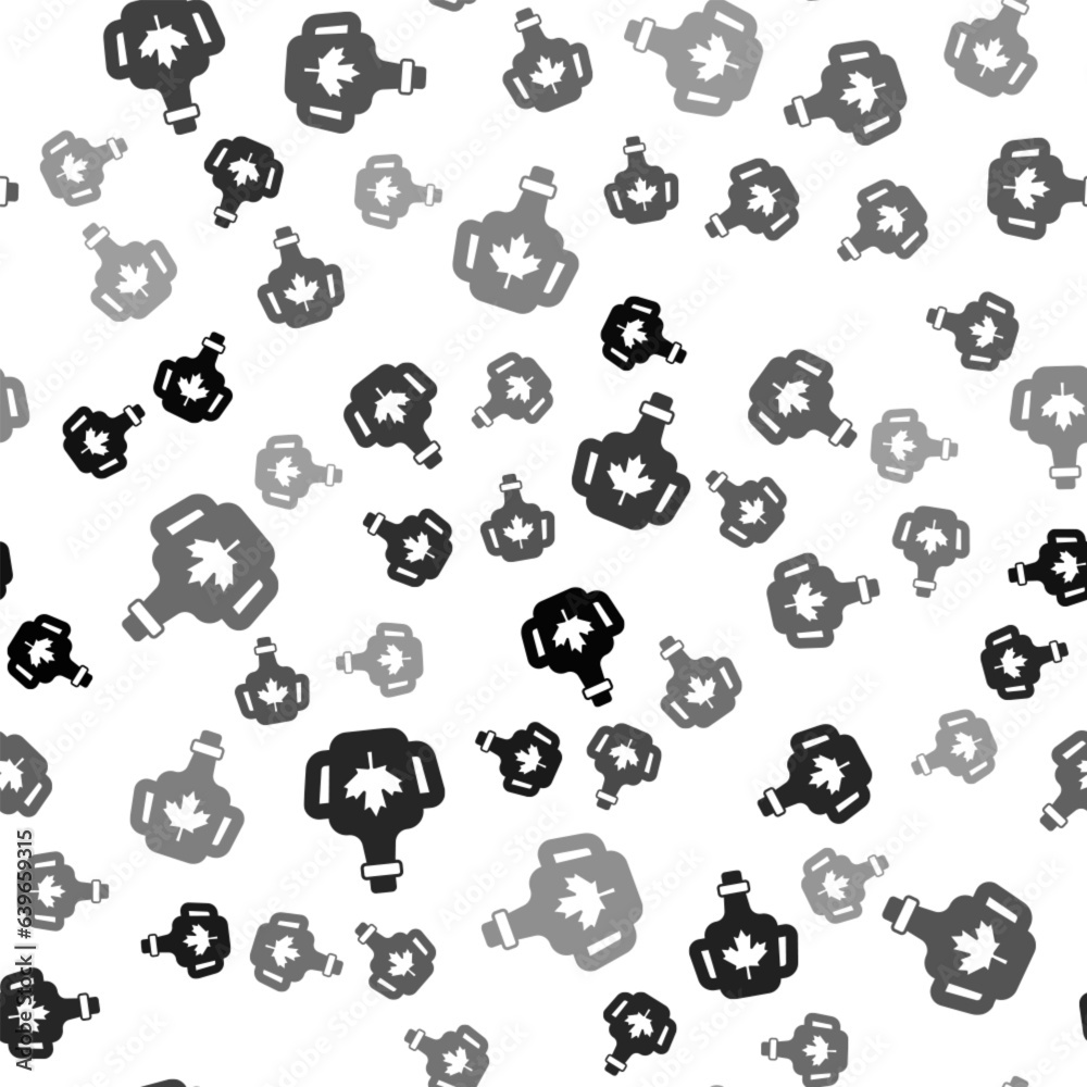 Black Bottle of maple syrup icon isolated seamless pattern on white background. Vector