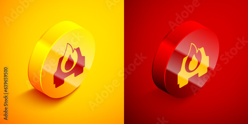 Fototapeta Isometric Burning car icon isolated on orange and red background