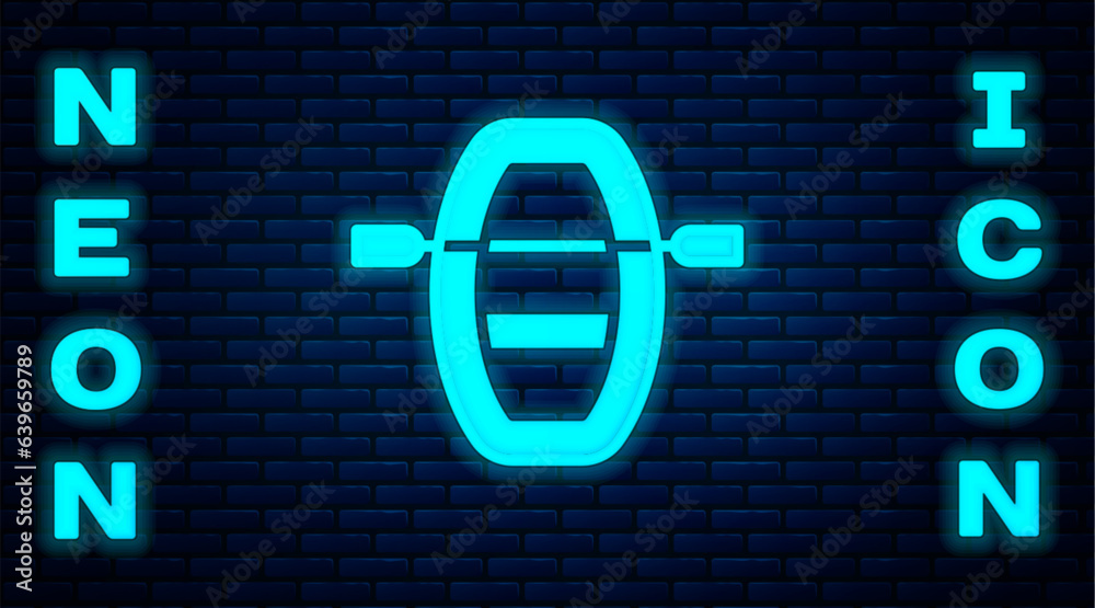 Glowing neon Boat with oars icon isolated on brick wall background. Water sports, extreme sports, holiday, vacation, team building. Vector Glowing neon Boat with oars icon isolated on brick wall background. Water sports, extreme sports, holiday, vacation, team building. Vector