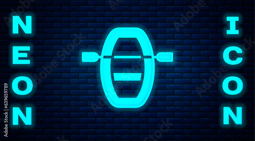 Glowing neon Boat with oars icon isolated on brick wall background. Water sports, extreme sports, holiday, vacation, team building. Vector