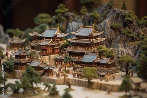 Chinese traditional Diorama Palace. Miniature ancient castle in China. Medieval Asian architecture. Beautiful landscape created with Generative AI Technology