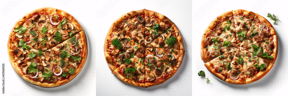 Top-down view of a classic pizzeria pizza with sliced pieces, isolated on a white background.