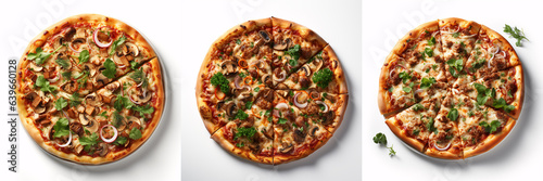 Top-down view of a classic pizzeria pizza with sliced pieces, isolated on a white background.