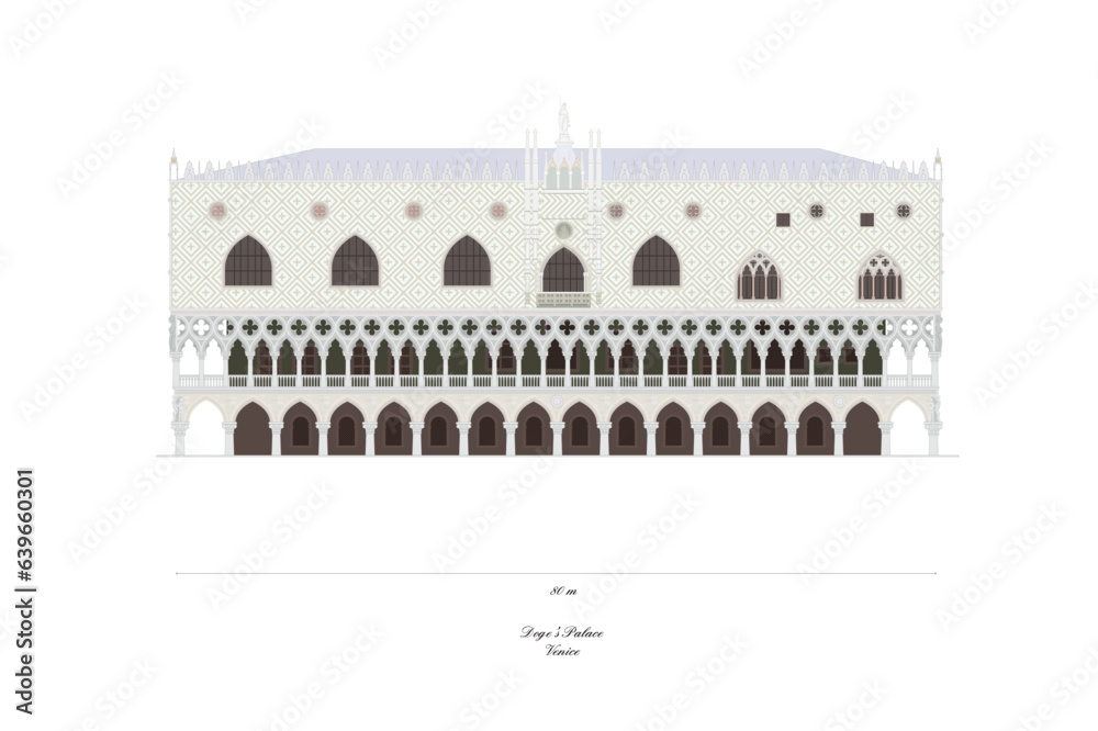 Doge palace venice detailed illustration, facade facing laguna, accurate scale model
