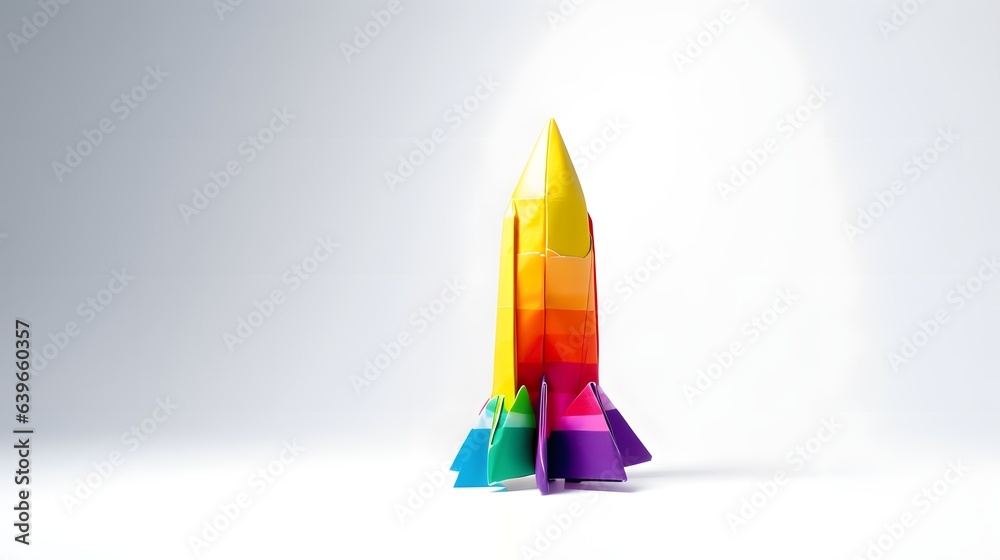 Colorful rocket paper cut. Concept of starting a business, startup or idea. Development, success and victory.