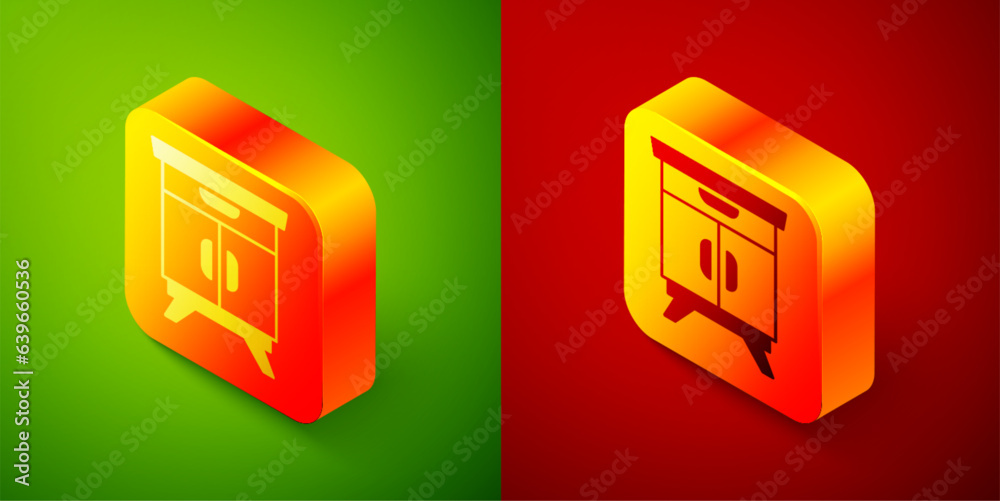 Isometric Furniture nightstand icon isolated on green and red background. Square button. Vector Isometric Furniture nightstand icon isolated on green and red background. Square button. Vector