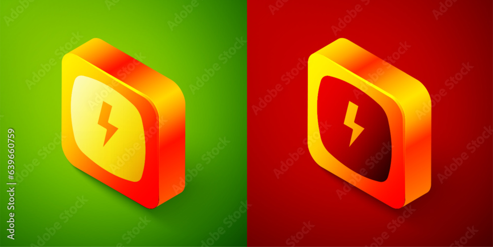 Isometric Lightning bolt icon isolated on green and red background. Flash sign. Charge flash icon. Thunder bolt. Lighting strike. Square button. Vector Isometric Lightning bolt icon isolated on green and red background. Flash sign. Charge flash icon. Thunder bolt. Lighting strike. Square button. Vector