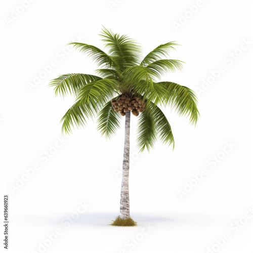 A solitary coconut palm tree against a white backdrop  representing a tropical plant.