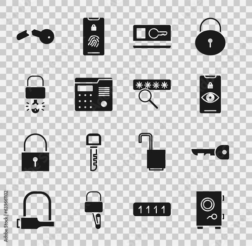 Set Safe, Key, Eye scan, card, House intercom system, broke inside of padlock, Broken key and Password protection icon. Vector