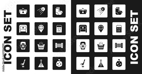 Set Valenki, Location Russia, Ushanka, Calendar 12 june, Satellite, Accordion and Joseph Stalin icon. Vector