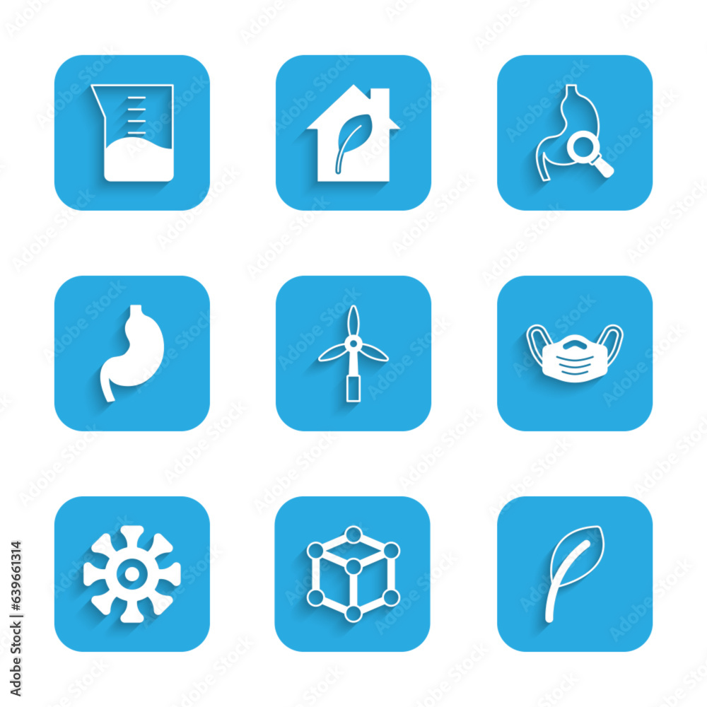 Set Wind turbine, Molecule, Leaf or leaves, Medical protective mask, Bacteria, Human stomach, Stomach with magnifying glass and Laboratory glassware beaker icon. Vector Set Wind turbine, Molecule, Leaf or leaves, Medical protective mask, Bacteria, Human stomach, Stomach with magnifying glass and Laboratory glassware beaker icon. Vector