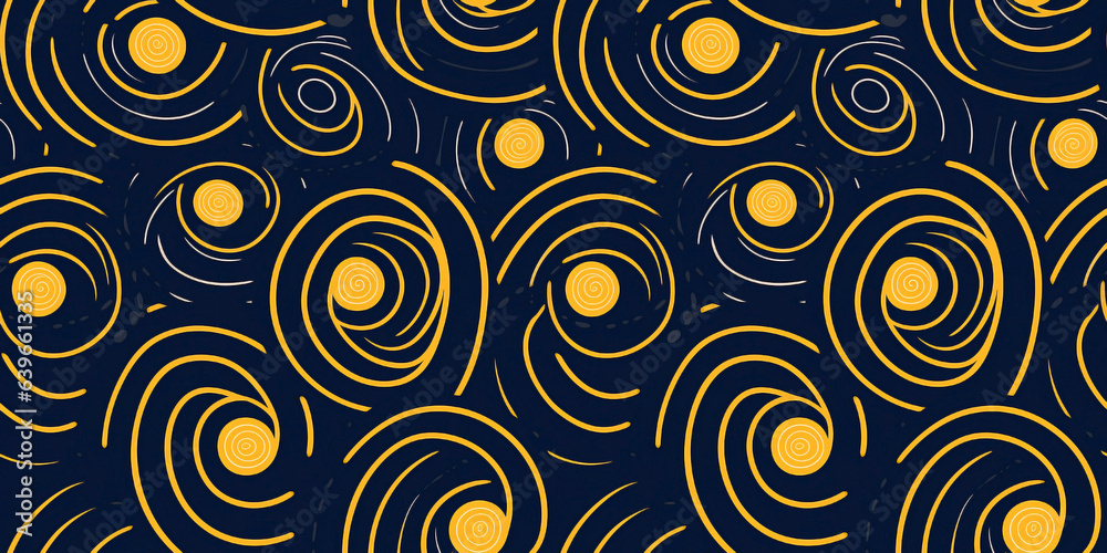Seamless pattern, retro mustard yellow and blue navy coils, swirls and dots Concept: Vintage graphic motifs.