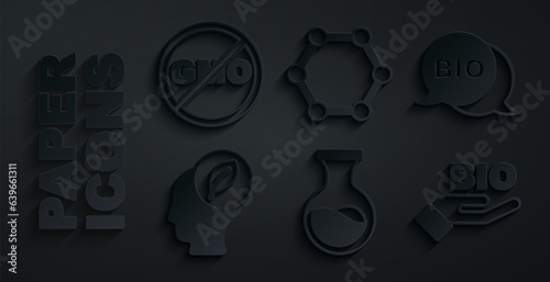 Set Test tube and flask, Bio healthy food, Human head with leaf inside, Molecule and No GMO icon. Vector