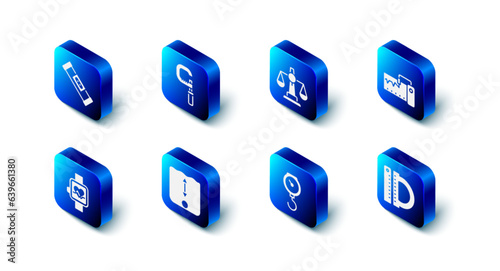 Set Micrometer, Scales of justice, Measuring instrument, Protractor and ruler, Hand scale spring mechanical, Depth measurement, Smart watch and Construction bubble level icon. Vector