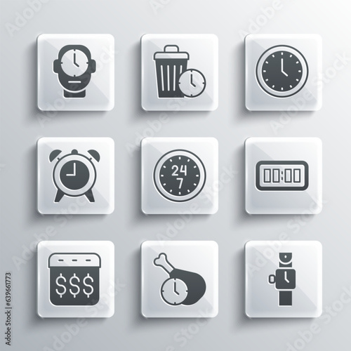Set Food time, Wrist watch, Digital alarm clock, Clock 24 hours, Payday, calendar with dollar, Alarm, and icon. Vector