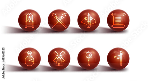 Set line Medieval throne, Old bottle of wine, Decree, parchment, scroll, chained mace ball, Windmill, Crossed medieval spears, flag and Battle crossbow with arrow icon. Vector