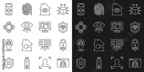 Set line System bug, Cyber security, Shield with WiFi wireless, House eye scan, Eye, Processor microcircuits CPU, Mobile and face recognition and Create account screen icon. Vector