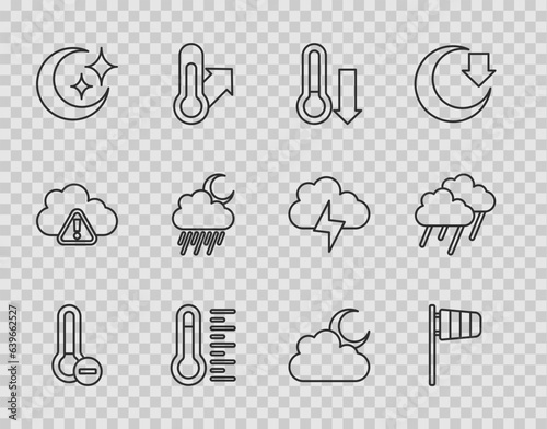 Set line Meteorology thermometer, Cone windsock wind vane, Moon and stars, Cloud with rain moon, and icon. Vector