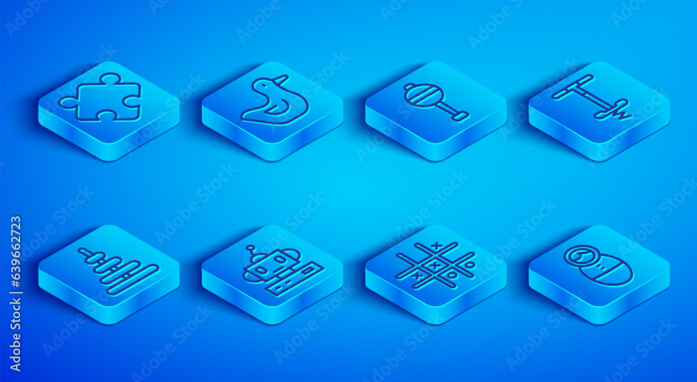 Set line Puzzle pieces toy, Rubber duck, Rattle baby, Robot, Tic tac toe game, Pogo stick jumping, Pyramid and Tumbler doll icon. Vector Set line Puzzle pieces toy, Rubber duck, Rattle baby, Robot, Tic tac toe game, Pogo stick jumping, Pyramid and Tumbler doll icon. Vector