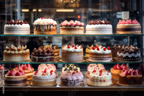 Fotografia Sweet and cute whole cakes lined up in a showcase full of various kinds of cakes