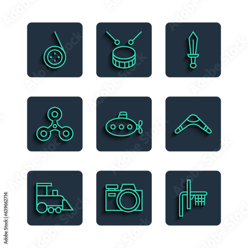 Set line Toy train, Photo camera, Basketball backboard, Sword toy, Submarine, Fidget spinner, Yoyo and Boomerang icon. Vector