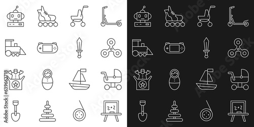 Set line Chalkboard, Baby stroller, Fidget spinner, Portable video game console, Toy train, Robot toy and Sword icon. Vector